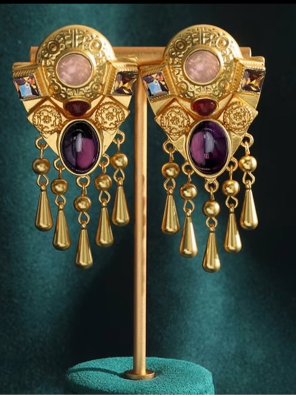 Gold-Tone Dangle Earrings with Purple, Pink and Red Gem Accents